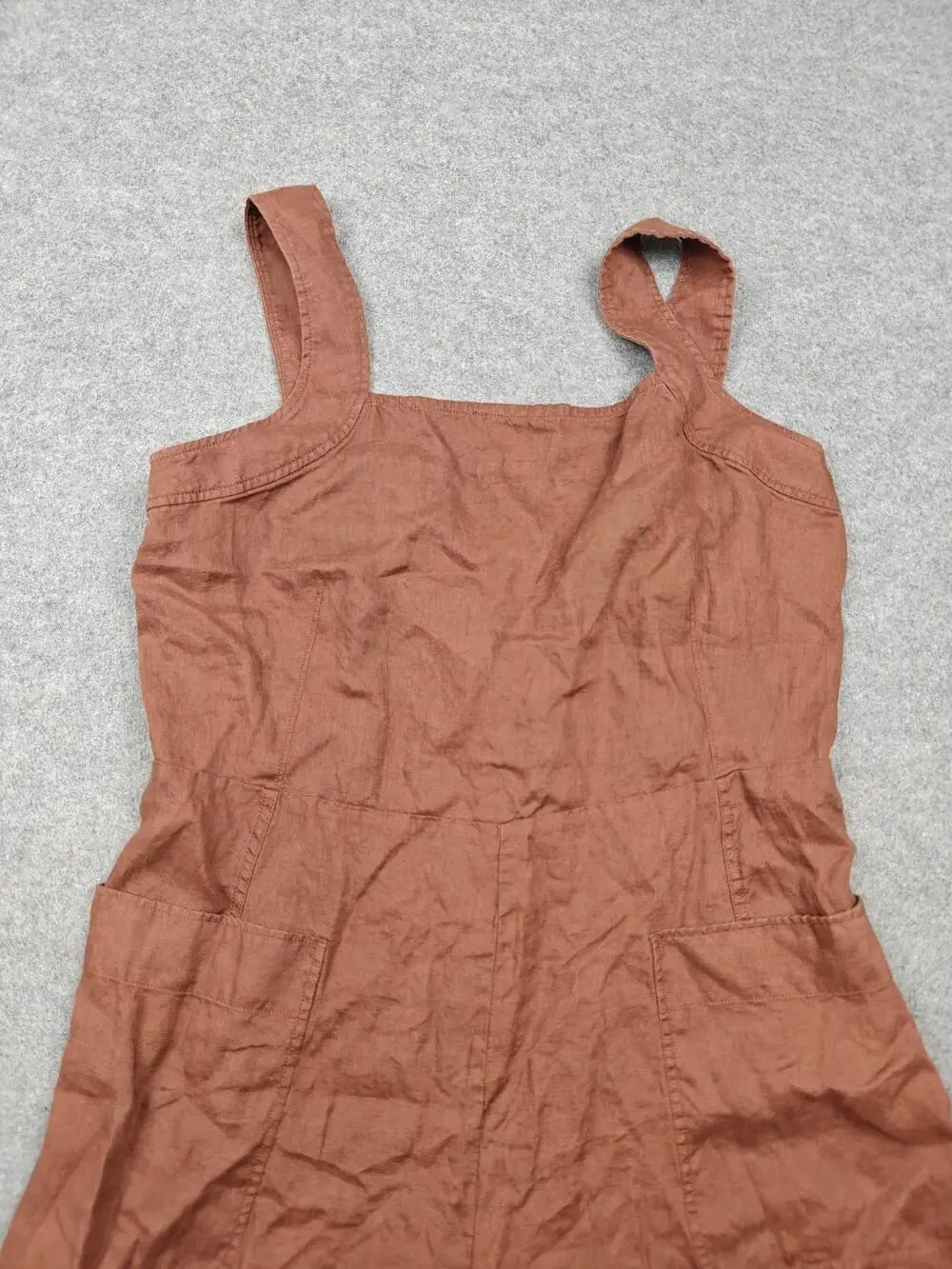 Everlane Jumpsuit Womens 16 Brown Linen Square Neck Sleeveless Wide Leg Pockets
